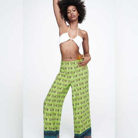 NWOT ZARA Full-Length Printed Trousers Flowy Wide Leg 100% VISCOSE 7484/159 Sz L - Picture 1 of 16